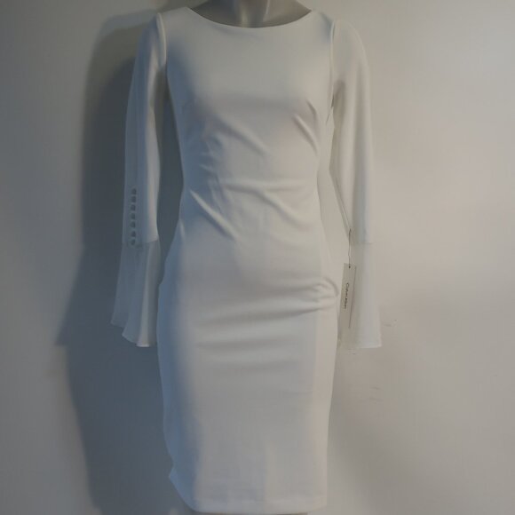 NWD Womens Calvin Klein Cream Flare Sleeve Dress 2 - Picture 1 of 10